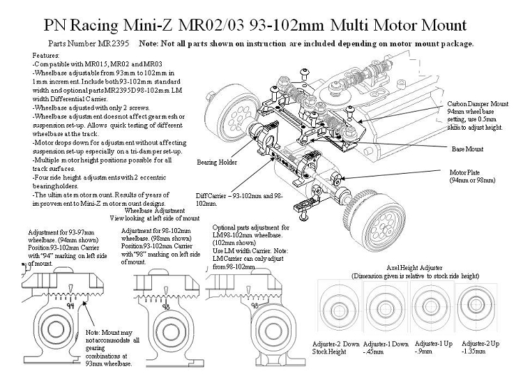 PN Racing Mini-Z MR02/03 93-102mm Multi Motor Mount (Blue)